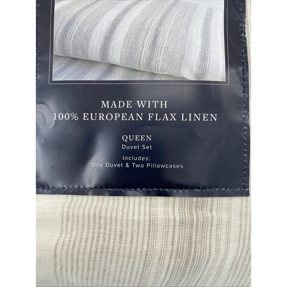 Brooks Brothers Duvet Set QUEEN Cream Beige Stripe 100% European Flax Linen - Picture 10 of 14